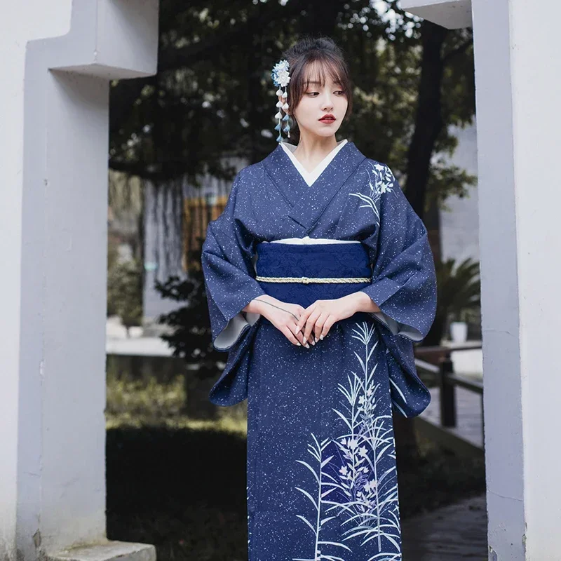 

Women's Japanese Traditional Kimono Blue Color Formal Yukata Photography Clothing Performing Dress Cosplay Wear