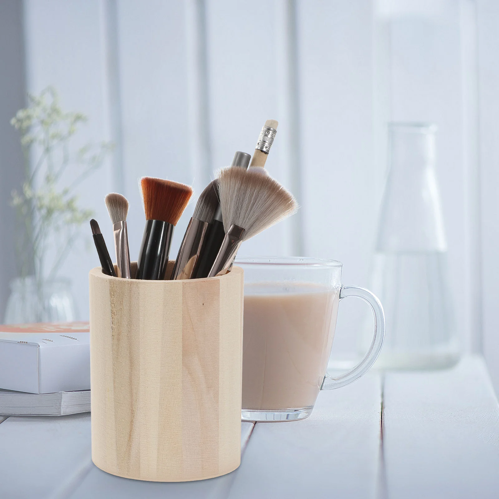 3 قطع حامل أقلام خشبي، حامل أكواب خشبي، لوازم مكتبية، فرشاة للمكياج #4