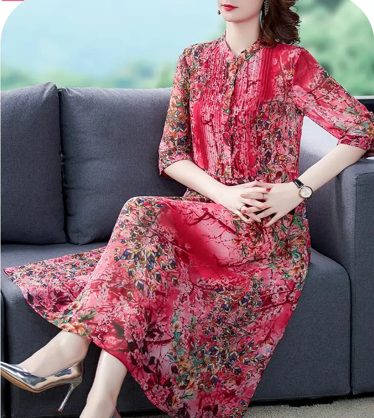 

2023 Spring Summer Red Floral Mulberry Silk Midi Dress Korean Vintage 4XL Plus Size Dresses Women Elegant Bodycon Party Vestidos