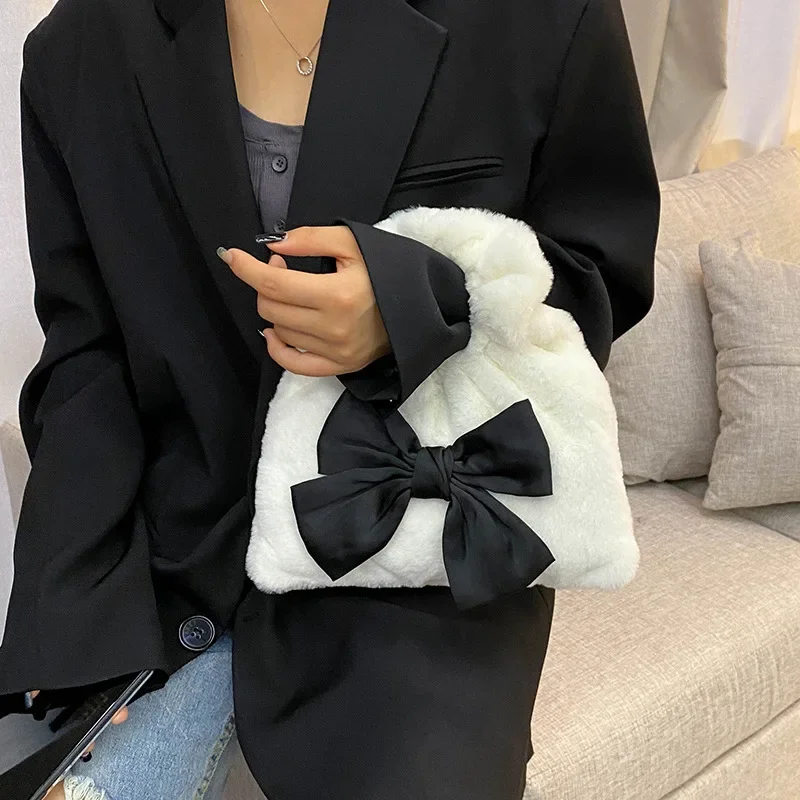 Handbags Autumn and Winter New Fashionable Elegant Bow Plush Bag Parent-child Sweet Casual Girls Accessory Corduroy Hand Bag