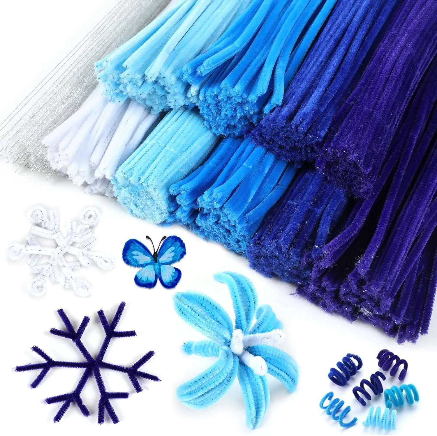 

1000PCS Pipe Cleaners Craft Set 6 Assorted Colors Blue White Glitter Silver Chenille Stems, Craft Supplies Bulk for DIY Art