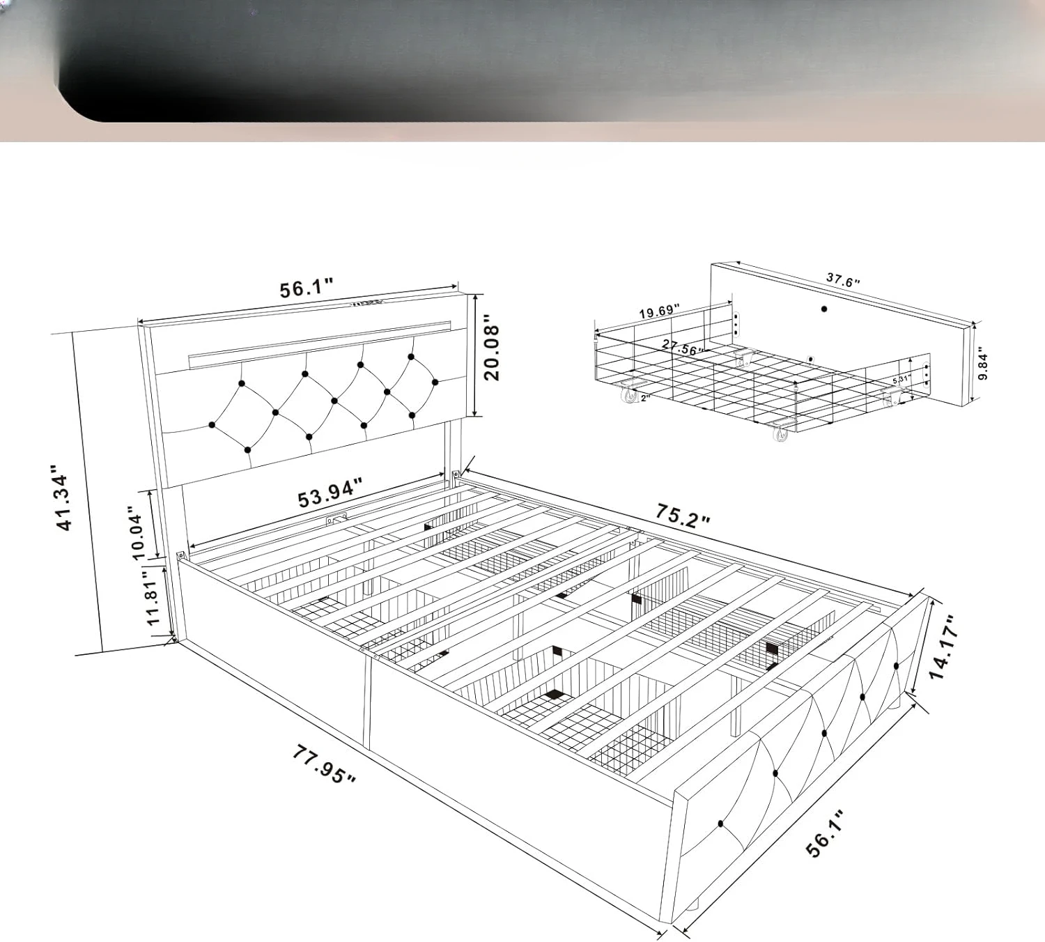 Full Size Bed Frame with 4 Drawers and LED Light, Charge Station, PU Leather Upholstered Platform Storage Bed with Adjustable He