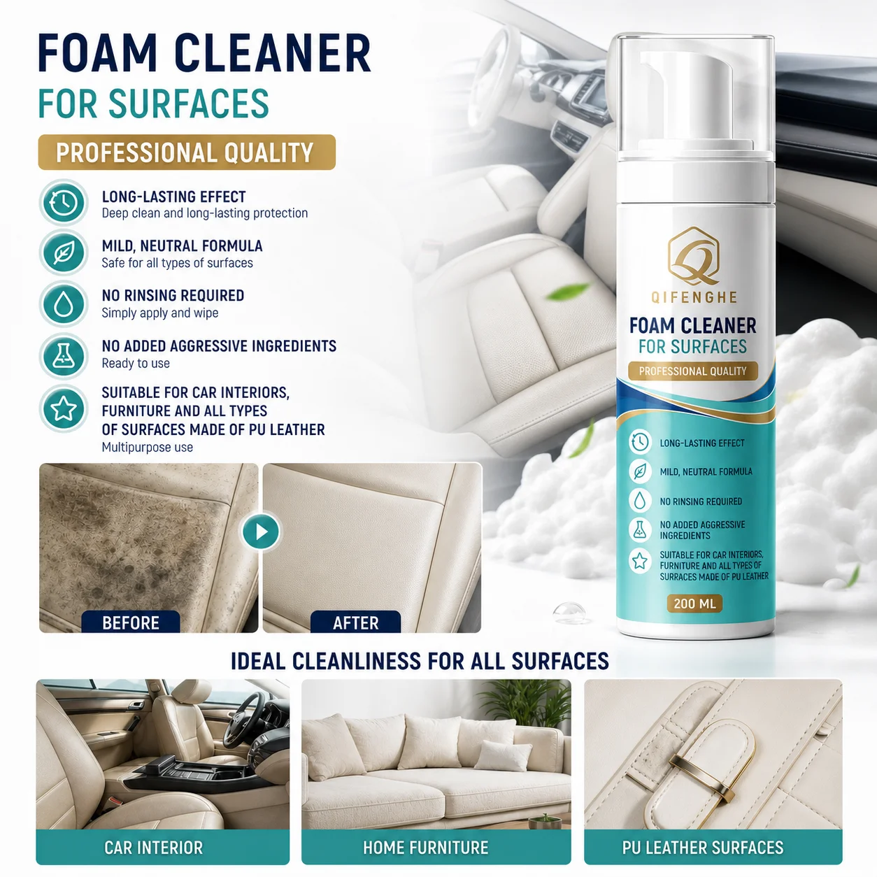 QIFENGHE 200ml Multipurpose Foam Cleaner, No Rinse Car Interior Cleaning Spray, Mild Neutral Formula for PU Leather Sofa Furnitu