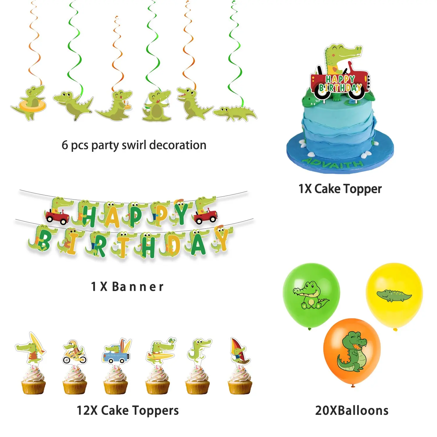 Cheereveal Cartoon Crocodile Themed Birthday Party Decoration Supplies Crocodile Balloons Happy Birthday Banner Cake Topper Set