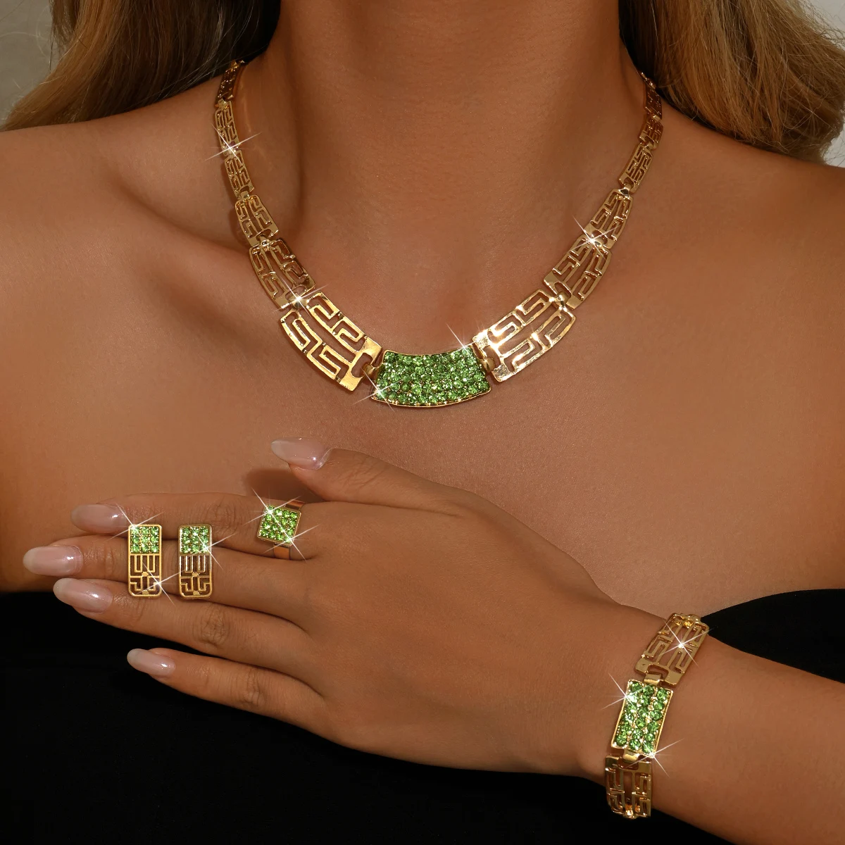 Greek Key Set with Diamond Necklace, Bracelet, Ring, Earring, Complete Set of Accessories, Banquet, Ball, Party Dress, Accessori