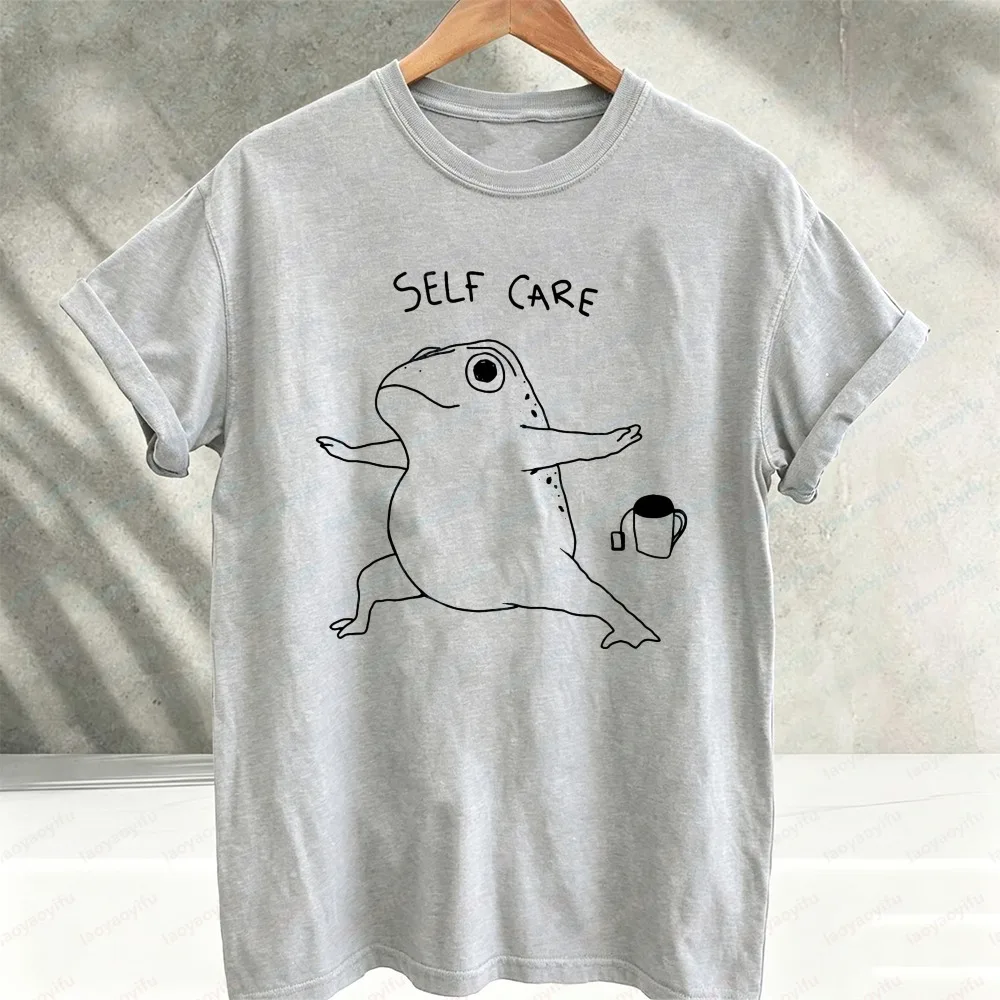 Self Care Yoga Frog Meme Graphic T‑Shirt Funny Mental Health Frog Doing Yoga with Tea Cup Print Cotton Casual Streetwear Tee Top