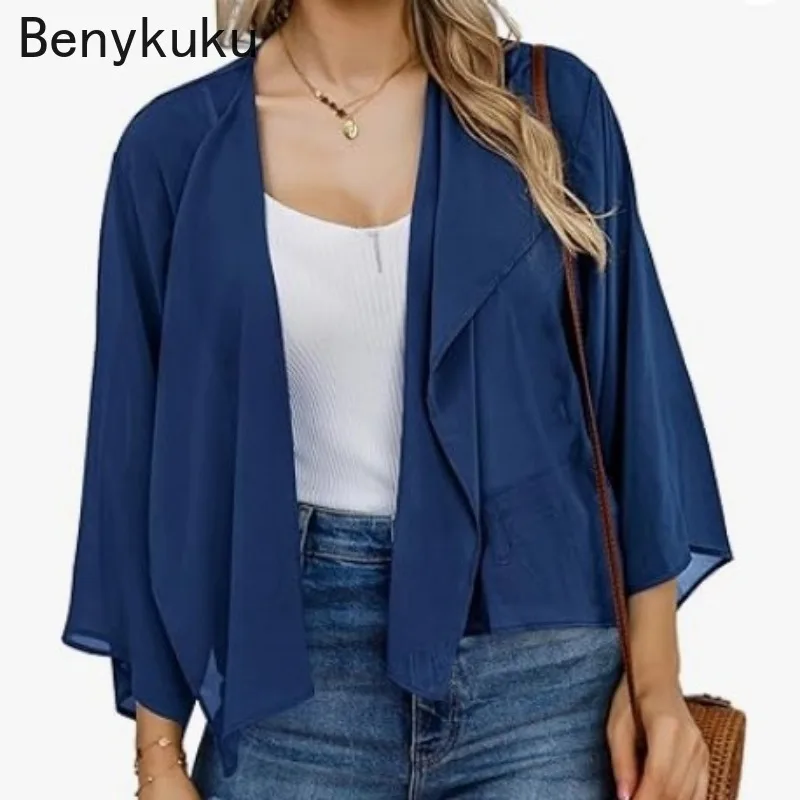 Solid Shrug Chiffon Casual Flare Sleeve Cropped Top 3/4 Sleeve Pleated Open Stitch Short Cardigan Bolero Sun Protection Coat
