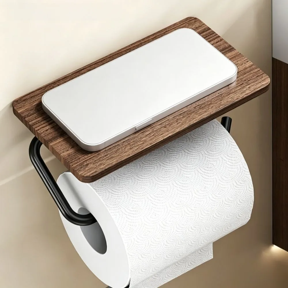 Wall Mounted Storage Organizer Rack Walnut Wood Grain Multi-functional Toilet Paper Holder Easy Install Durable Tissue Stand