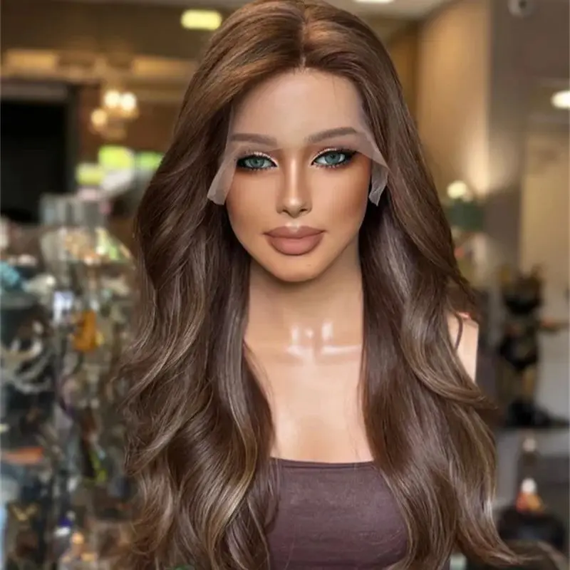 

Парик для вечеринки Ombre Шоколадно-коричневый Средняя часть Синтетический парик фронта шнурка Предварительно выщипанная линия волос с детскими волосами Парик из термостойкого волокна