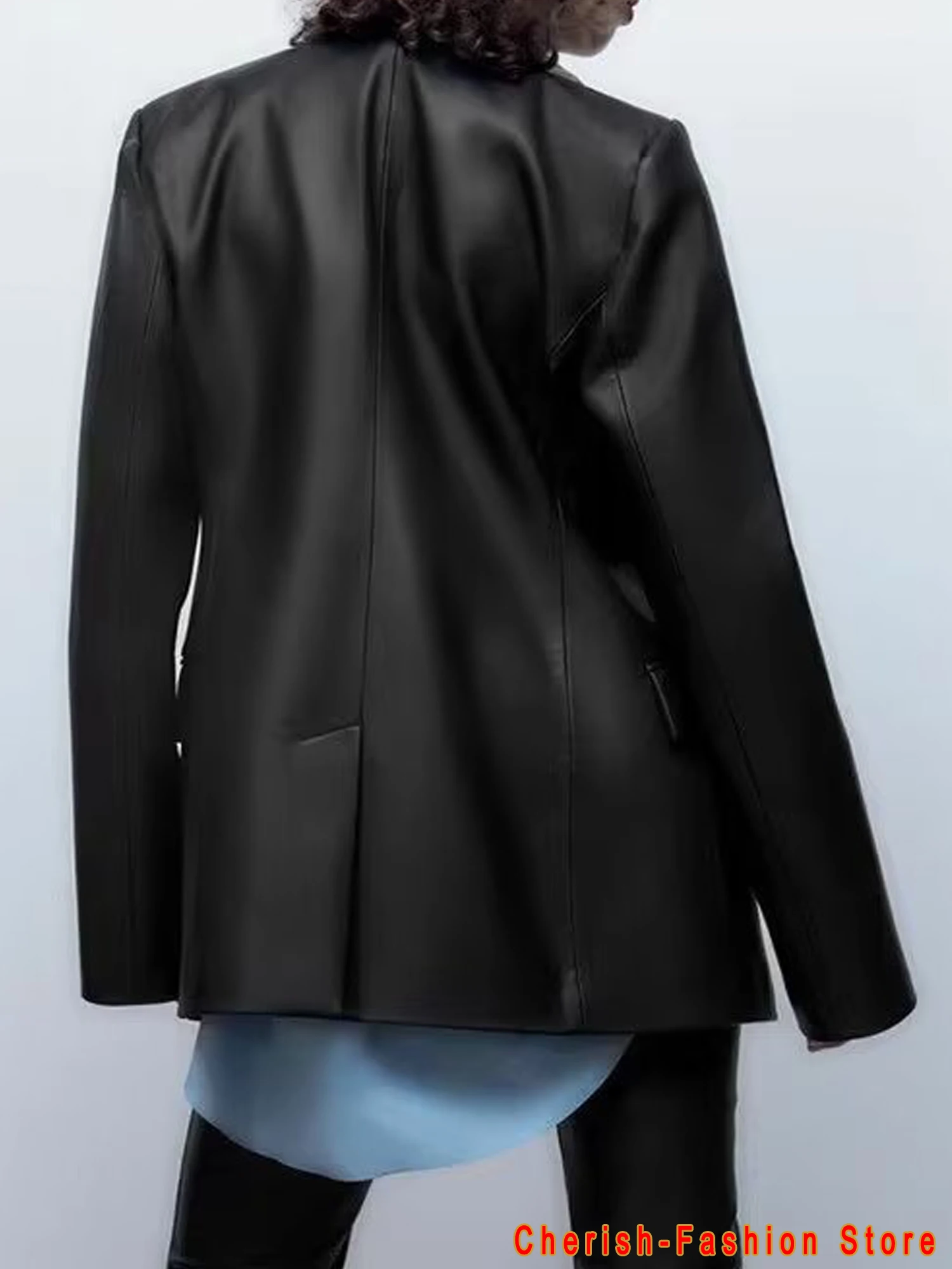 Blazer de cuero básico para mujer, chaqueta lisa de manga larga, color negro, Estilo Vintage, otoño, 2023