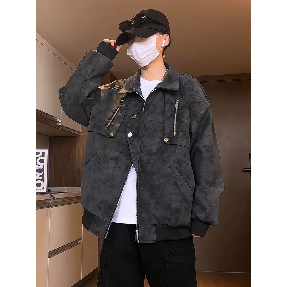 

Loose Fit Men's Biker Jaet Large Size 250 Pou Dyed Leather Jaet Bla Baseball Sle Autumn Winter Outerwear Coat