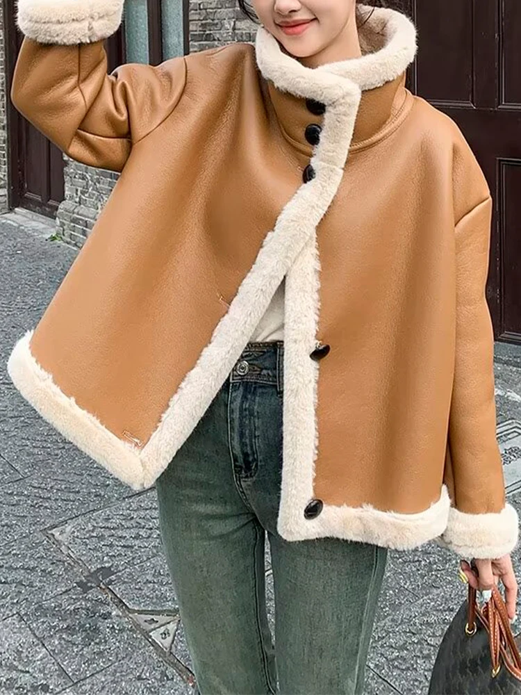 Roupas femininas 2024 inverno estilo europeu e americano simples pele retro casaco de pele da motocicleta