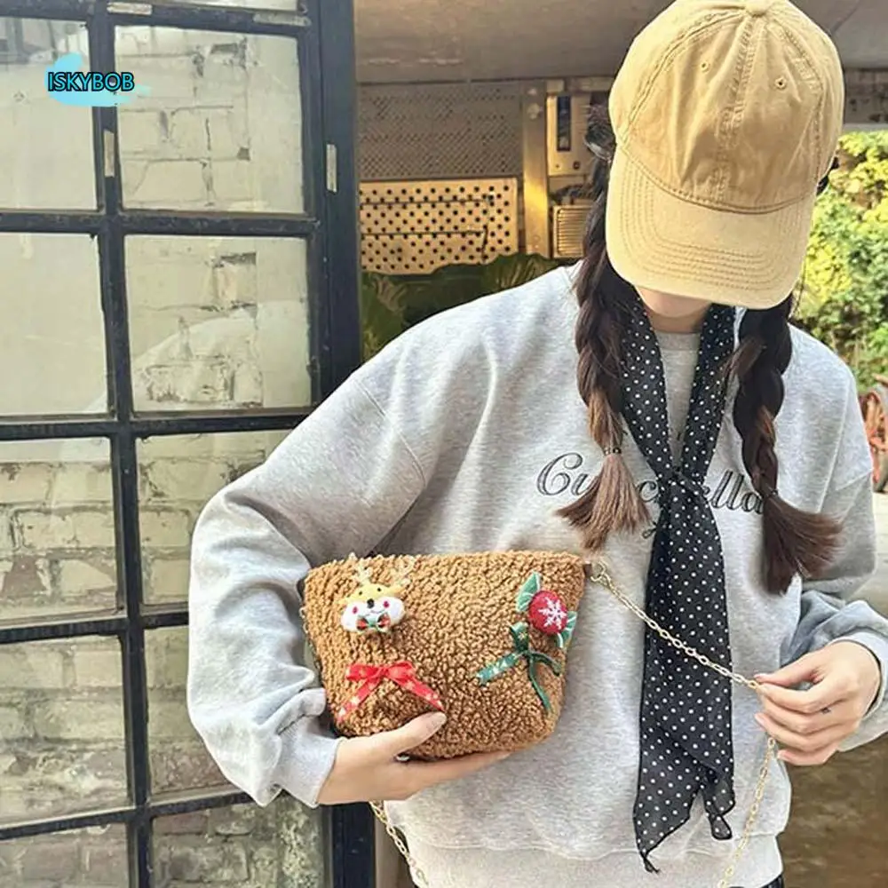 

Shoulder Bag Kawaii Christmas Crossbody Bag Elk Deer Bow Plush Square Pouch Santa Claus PP Cotton Women's Chain Bag Kids