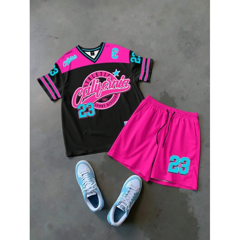 Men's Summer Casual Colorblock Letter Printed V-Neck T-Shirt And Shorts Set 2 Pieces Set Men Street