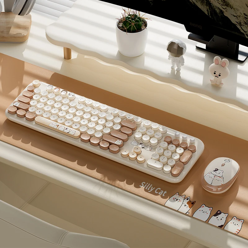 MOFii Milk Coffee Color Block Cute Cat Wireless Keyboard Mouse Combo, Retro Round Keycaps Ergonomic Set for Laptop Desktop