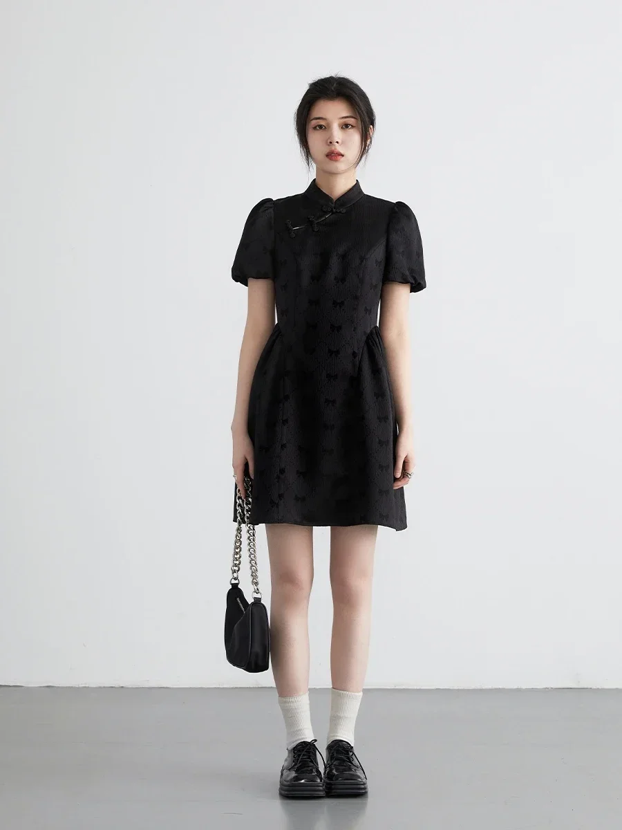 

Women's Dresses Black Slim Fit New Chinese Style Bubble Short Sleeve Cheongsam Mid Length Dress Spring Summer 2024