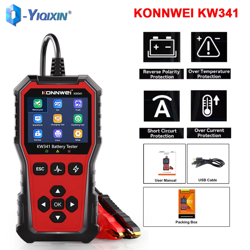 

KONNWEI KW341 Car Moto Truck Battery Tester Start Voltage Test Diagnostic Tool Fault Data Printing Battery Charging Scan Tool