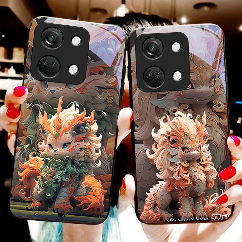 Chinese style lion For OnePlus Nord 3 5 6T 7 Pro 8 12 10T Reno8 Lite 5G 10R Nord N30 Hard shell Tempered glass phone case black