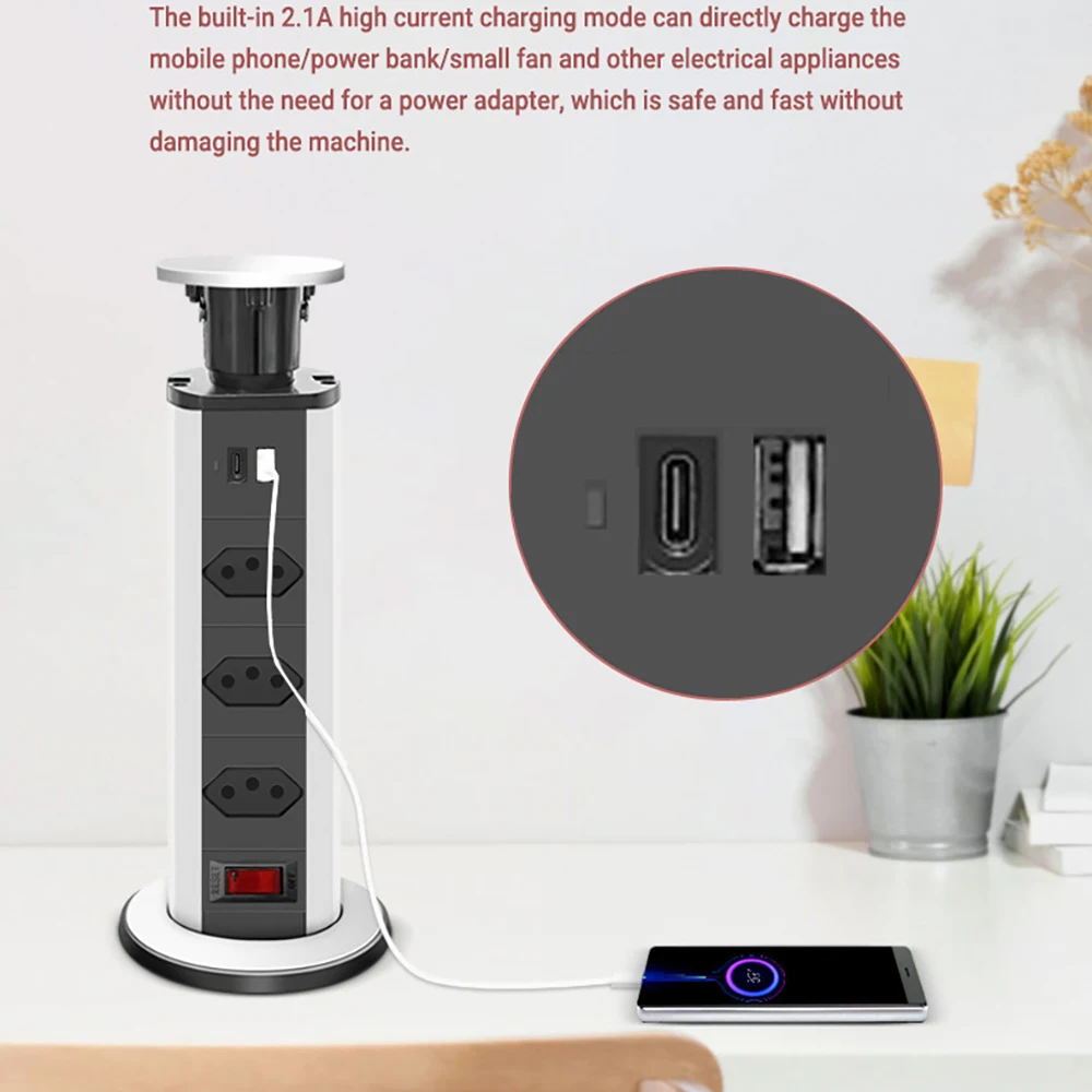 Bật Lên Bàn Làm Việc Ổ Cắm Máy Tính Bảng Ổ Cắm Điện Dây Brasil Phích Điện Chuyển Đổi Ổ Cắm Ẩn Bếp USB Dài 1.8M Extenstion dây