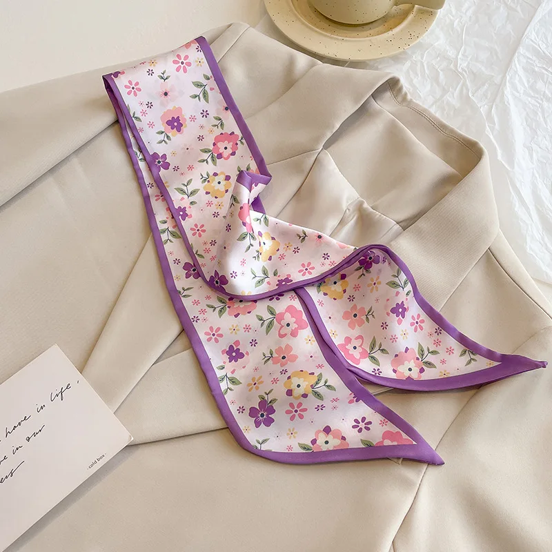 French Purple Small Long Silk Scarf Women's Versatile Headband Hair Tie Thin Narrow Tie Bag Ribbon Streamer Scarf