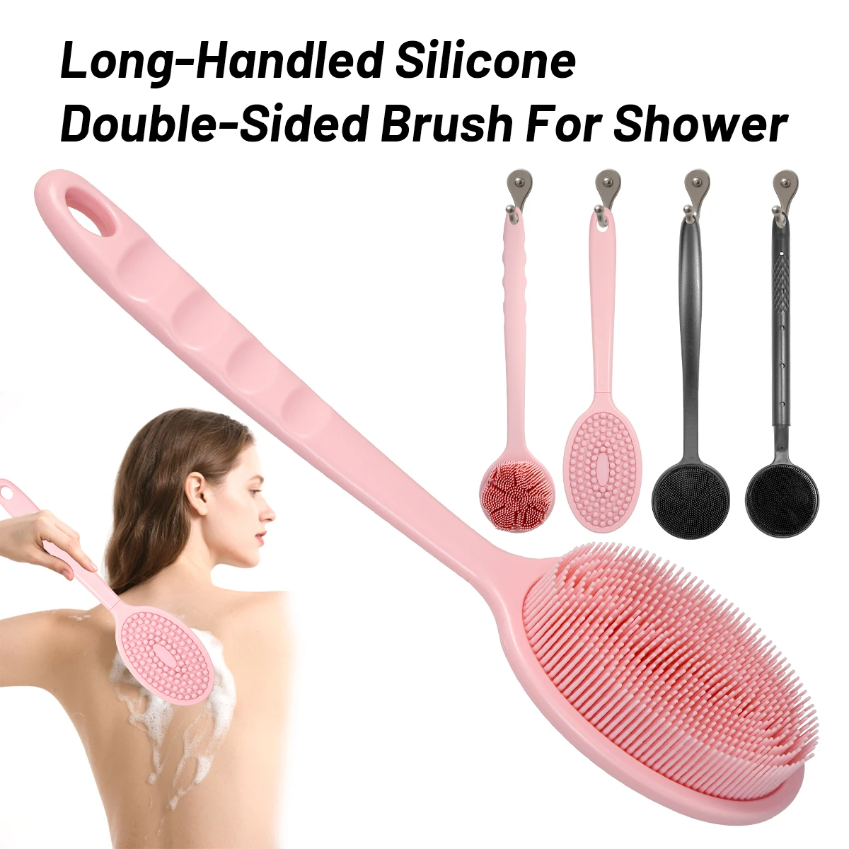 

Long Handled Silicone Double Sided Shower Brush Soft Bristles for Exfoliating Massaging Back Body Scrubbing Multi Color Options