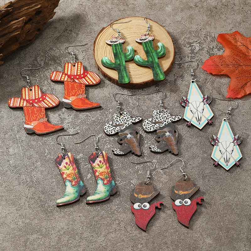 European and American New Cartoon Sacrificial Sheep Head Cactus Boots Small Flame Cowboy Hat Shoes Wooden Painted Earrings