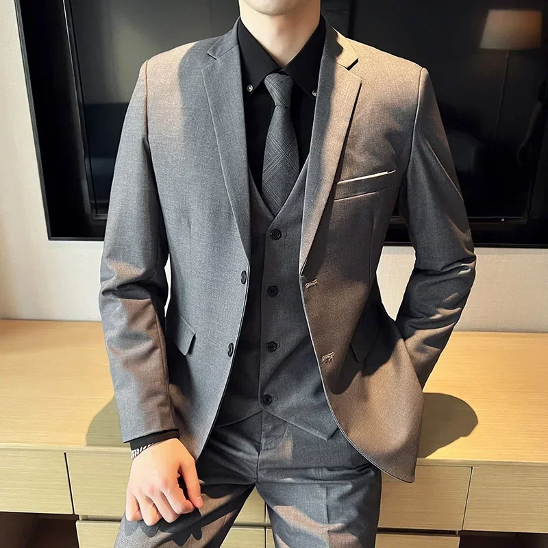 

Suit (Blazer+ Vest + Pants) New Men's Fashion Business Outdoor Solid Color Casual Slim-fit Wedding Host Gentleman Suit S-6XL