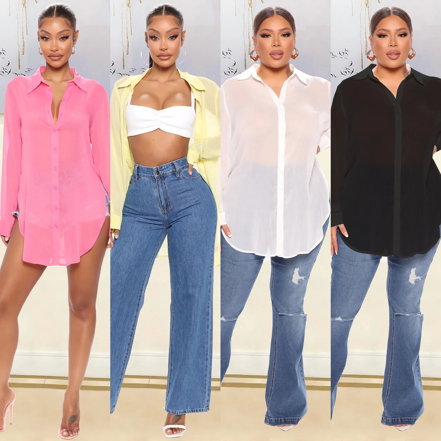 

Women's Long Sve Anti-Wrinkle Sun Protection irt Silk-Like Fabric Thi Summer Season Chinese Production Ladies' irt