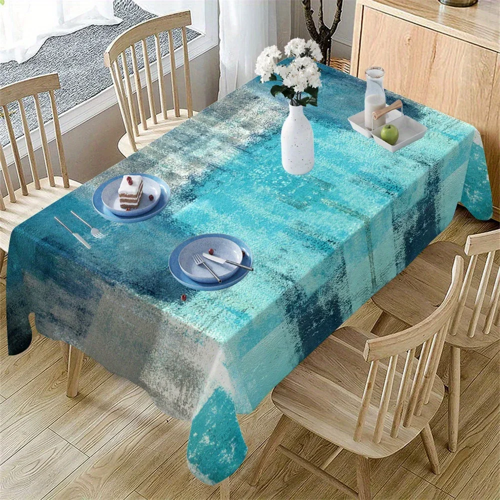 One blue-green abstract art tablecloth in a rectangular shape, washable and retro style