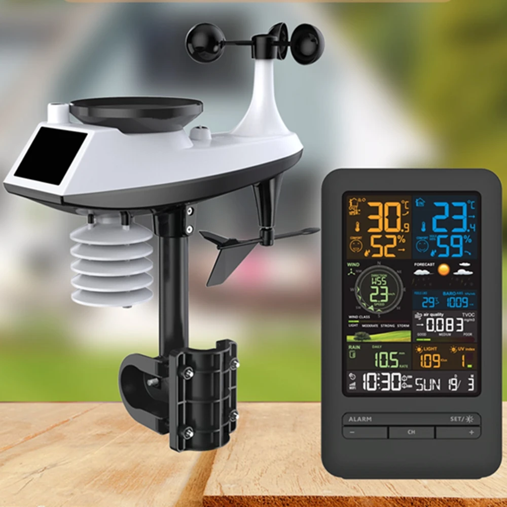 WiFi Tuya Weather Station Alarm Color Digital Hygrometer Thermometer Wind Speed Direction Rainfall Light Index Air Quality Meter