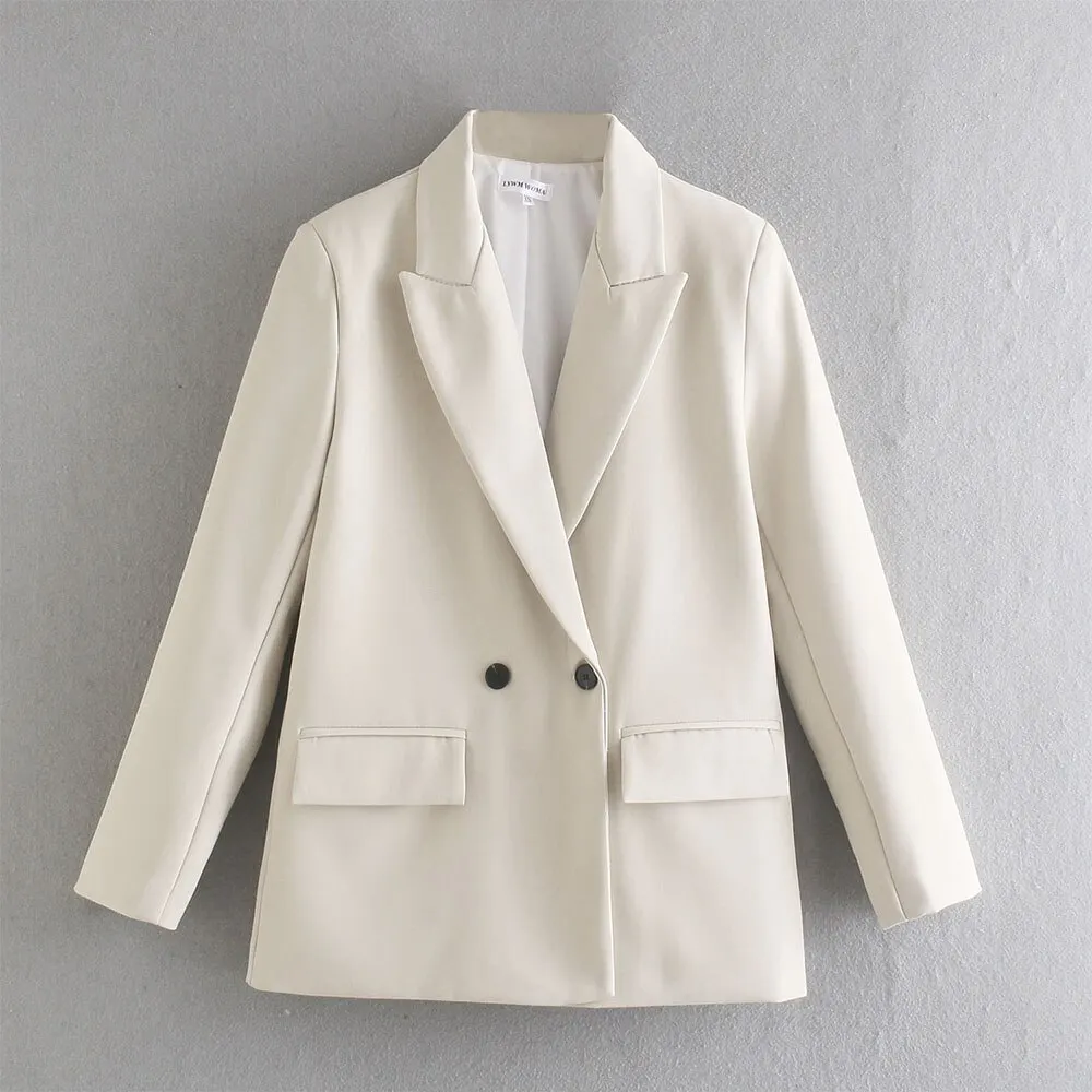 2023 Damenmode zweireihiger Lose Blazer Mantel Vintage Langarm Klappen taschen weiblich
