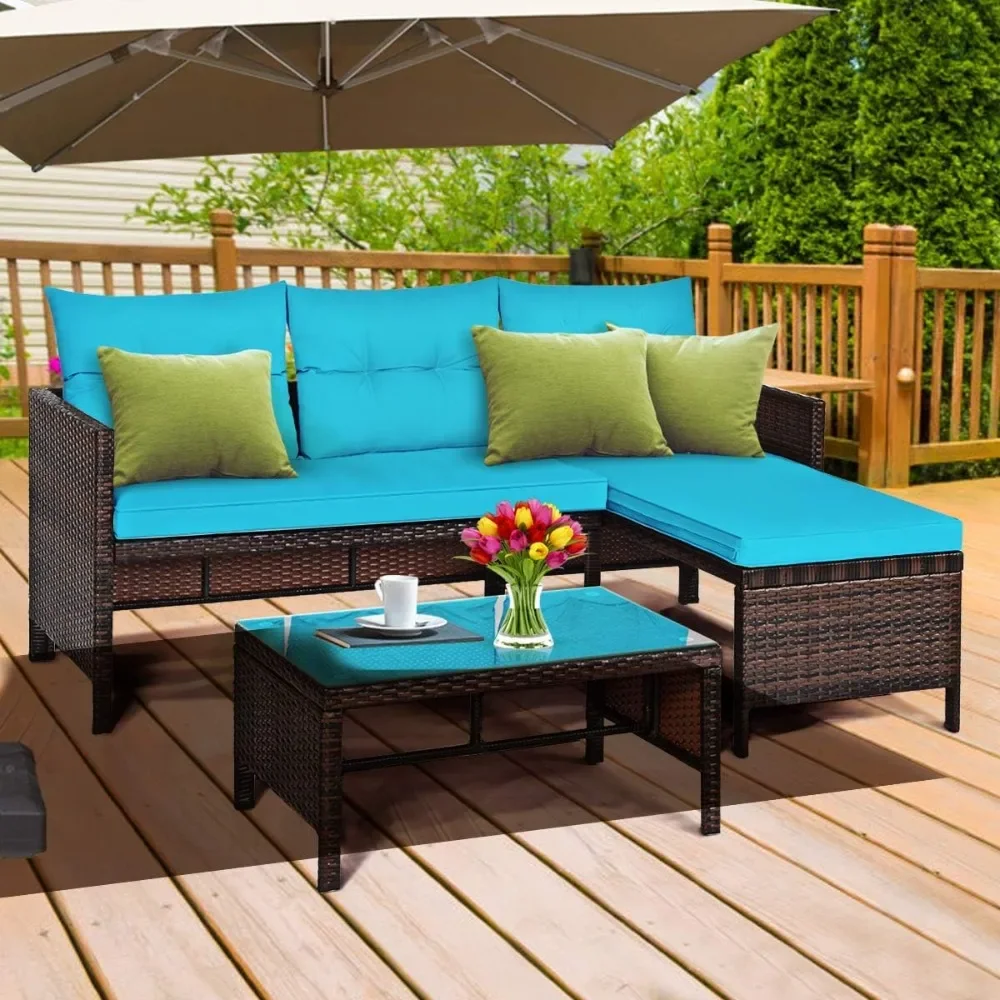 Patio Corner Sofa Set 3 Piece, Outdoor Rattan Sofa Set, Includes Lounge Chaise, Loveseat & Coffee Table