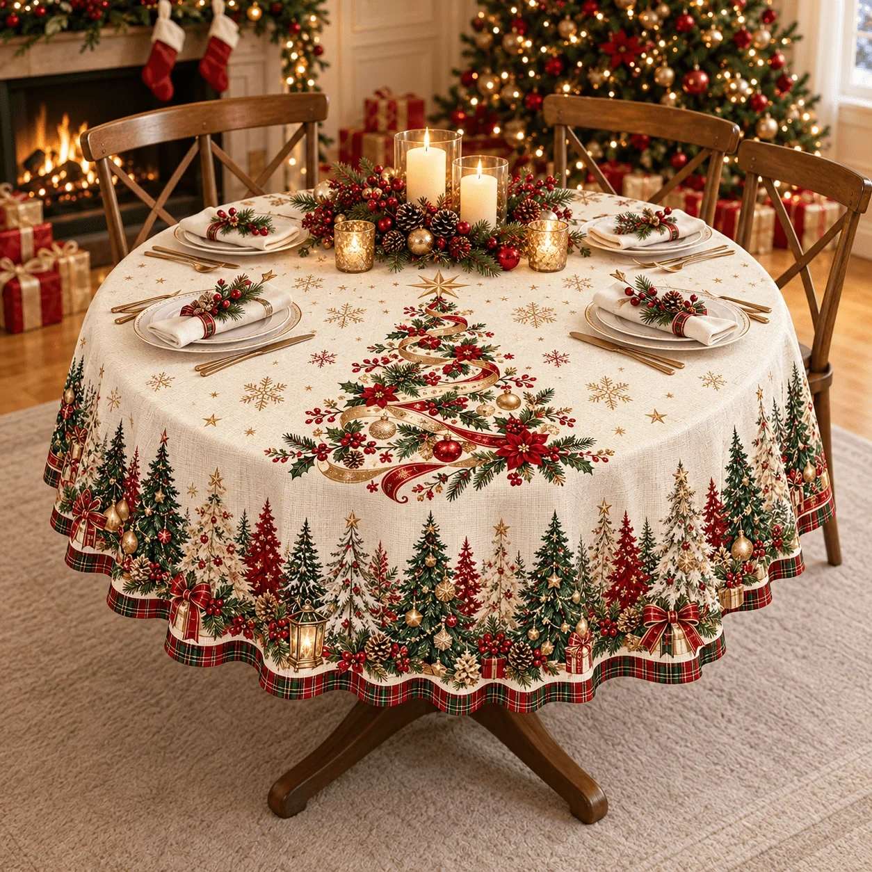 1 round tablecloth, Christmas tree snowflake print design, classic red and green checked trim, retro and warm Christmas style
