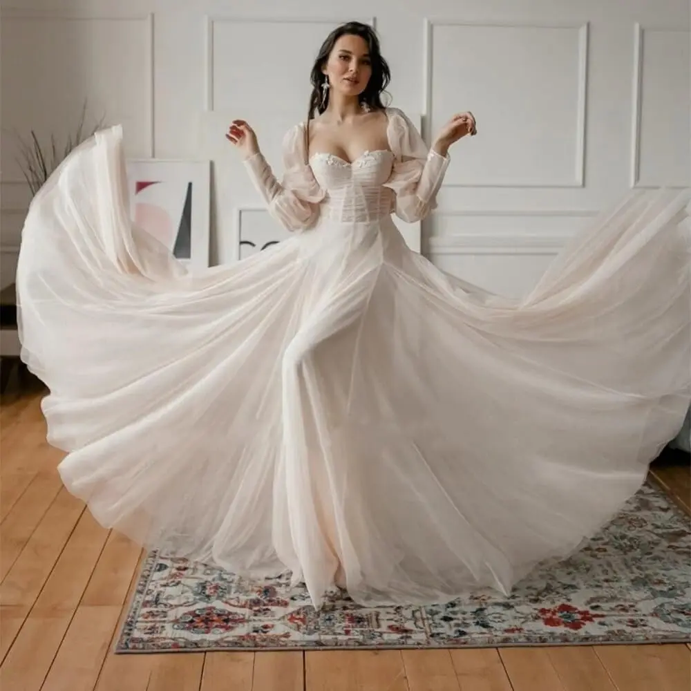 

Платья для выпускного вечера с пышными рукавами, тюлевое свадебное платье для женщин, длинное вечернее платье с открытыми плечами и цветочной аппликацией