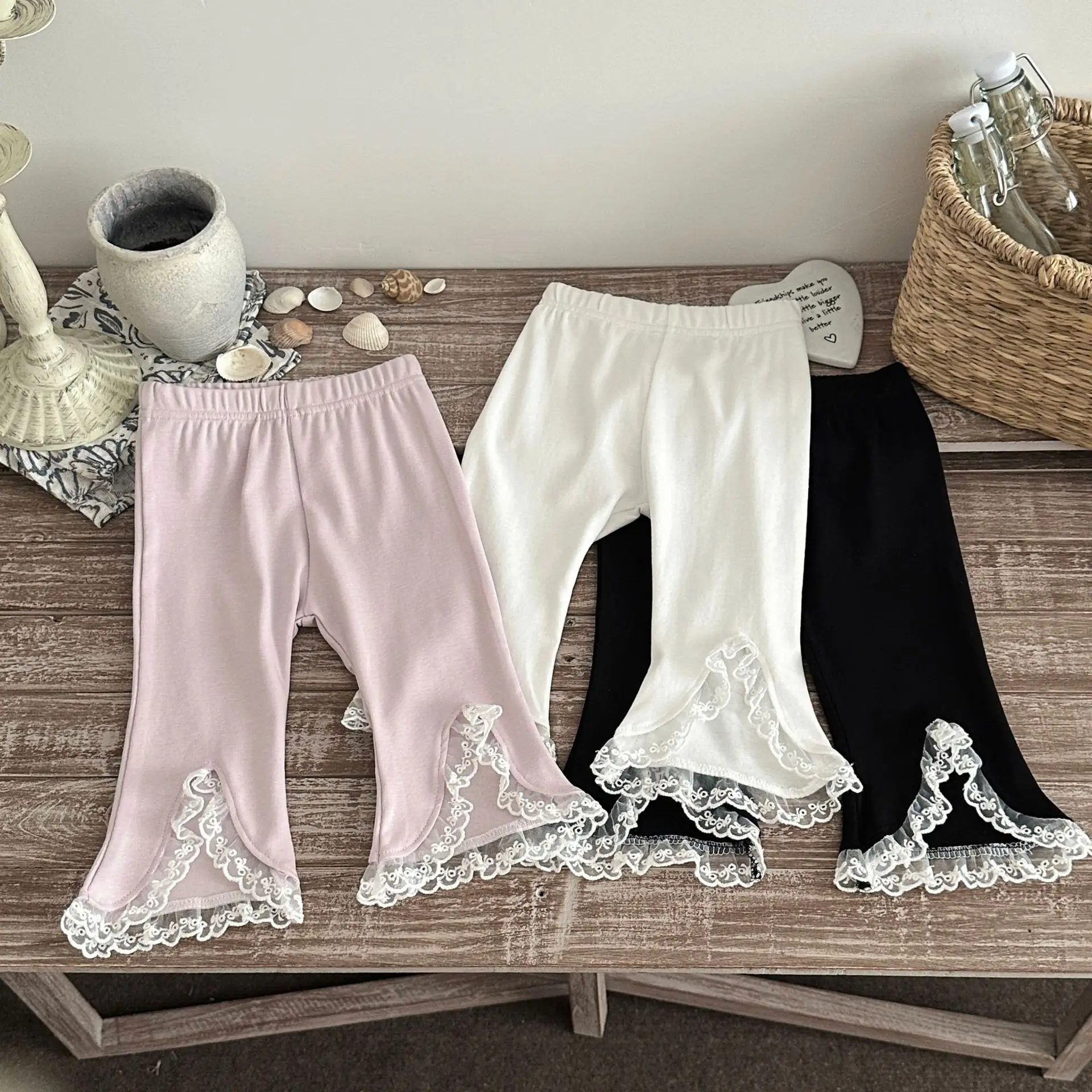 2026 Summer Baby Girls Leggings Cute Lace U-shaped Ruffled Flared Pants Thin Cotton Elastic Toddler Kids Nine-point Pants
