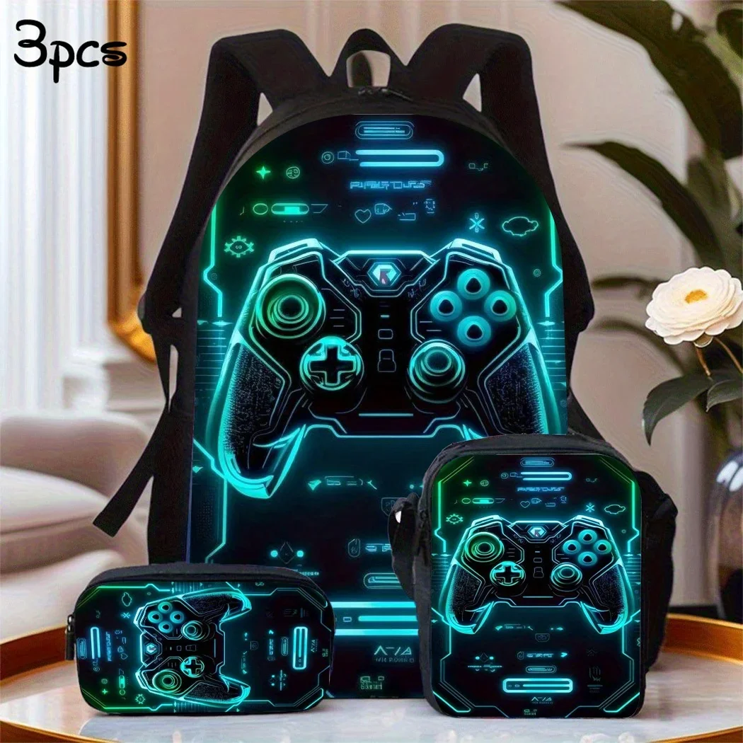 Vibrant GamePad Backpack 3pcs Lightweight Polyester GamePad Backpack Set | Vibrant Blue & Black, Student Bookbag With Lunch Ba