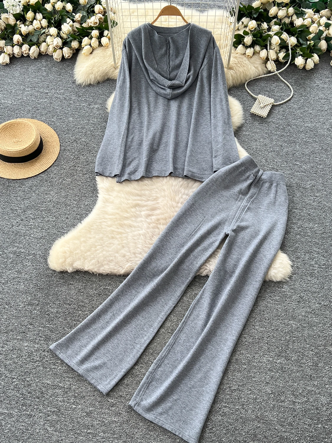 طقم خريفي نسائي من Ele mat بخصر عالٍ طويل Sve مستدير Ne مع سروال طويل ثنيات بدلة مكونة من قطعتين #4