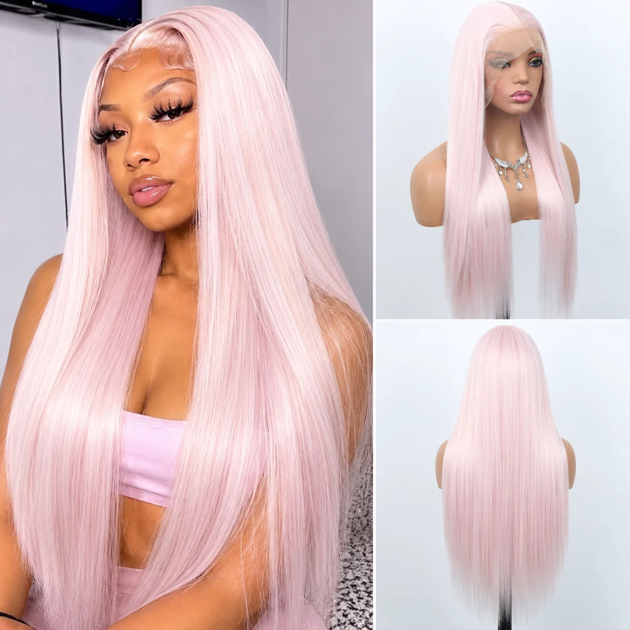 28 Inch Pale Pink Super Silky Straight Wig, 13x4 HD Lace Front Synthetic Wig for Women, 180 Density Smooth Sleek Tangle Free Hair