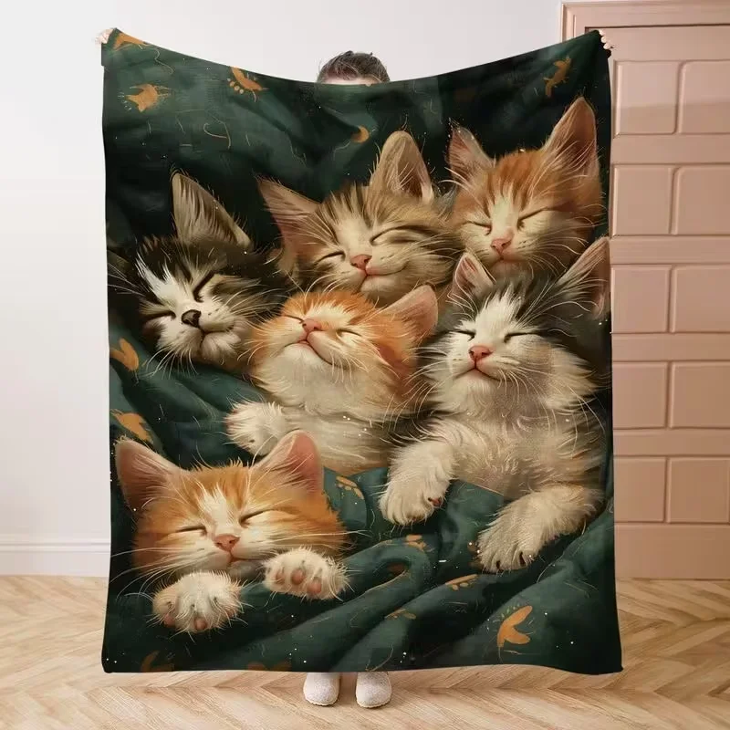 Adorable Sleeping Kittens Blanket Cute Cat Pattern Soft Cozy Sofa Bed Warm Household Decor Blanket for Holiday Christmas Use