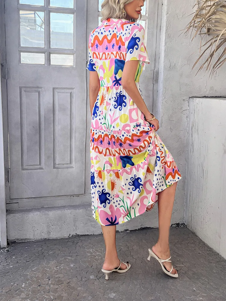 Sukienka koszulowa damska na lato 2025, w stylu boho, z wysokim stanem, kontrastowymi kolorami, modna, zapinana na guziki, z krótkim rękawem, na wakacje, codzienna, midi.