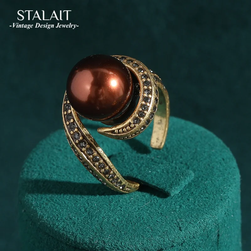 

Vintage Red Copper Pearl Black Rhinestones Jewelry Retro Accessories Wedding Ring for Women Free Shipping Geometric Shape New In