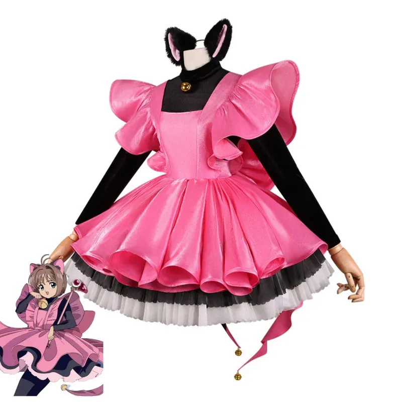 アニメカードキャプター カードキャプター木之本桜コスプレ衣装黒猫ピンクドレスロリータウィッグ女性セクシーなカーニバルスーツ;2k,j'x.8;