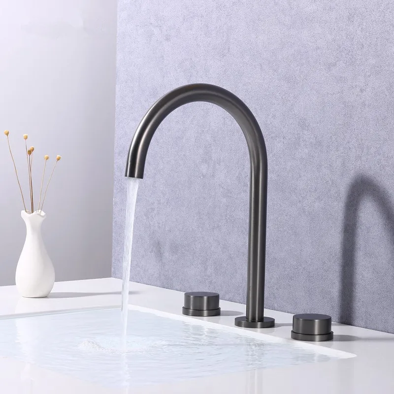 Tuqiu Basin faucet Bathroom three holes Widespread Brushed Gold bathroom faucet sink tap 360 rotating widespread Black basin Tap