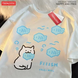 Eating Fish Cat Little Fish Summer Short Sleeved T-shirt Men Women Breathable Leisure Shoulder Drop Pure Cotton Loose Couple Tee