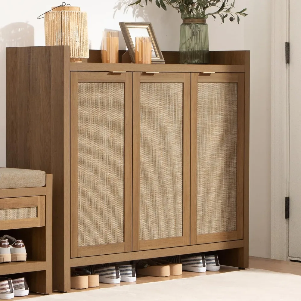 خزانة تخزين أحذية الروطان الكبيرة المكونة من 6 طبقات، سعة 30 زوجًا، منظم المدخل الطويل، طراز المزرعة البوهيمية