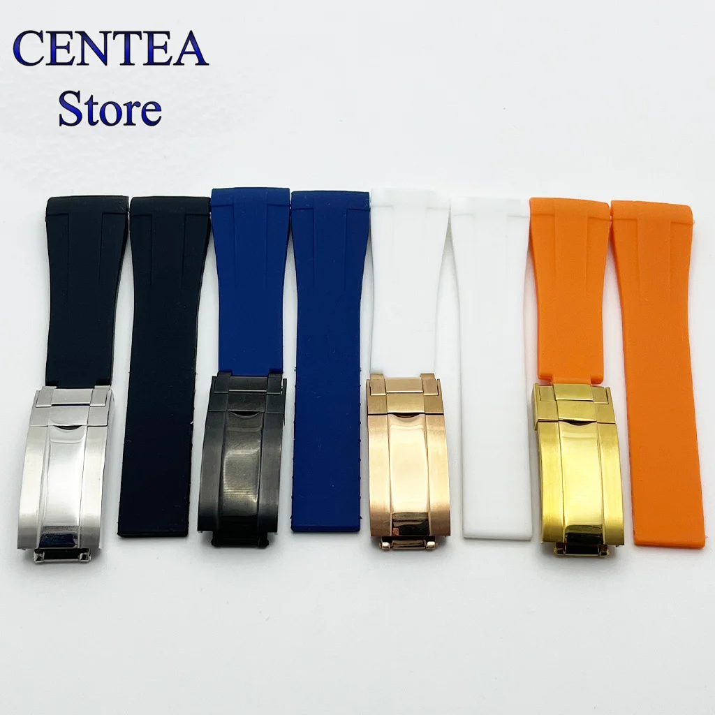 

RICHUS 20mm black blue green red white rubber strap curved end watchband with silver rose gold balck stainless steel buckle