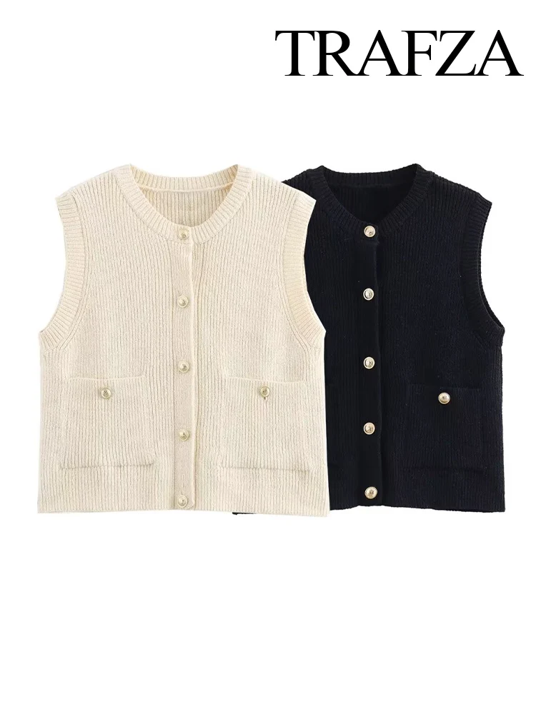 TRAFZA Women Fashion Crew Neck Sleeveless Single-Breasted Double Pocket Sweater Vest Female Elegant Street Casual 2-Color Tops