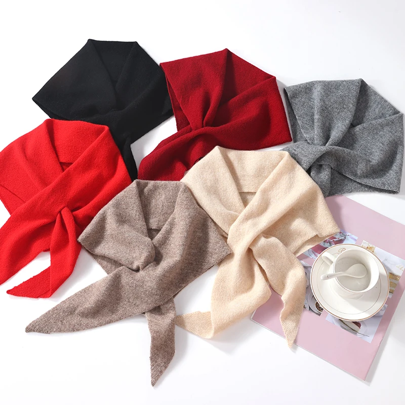 100% Wool Knitted Triangle Scarf For Women Soft Warm Cross Neck Cover Sweet Mini Small Fashion Fake Collar Wollen Wraps
