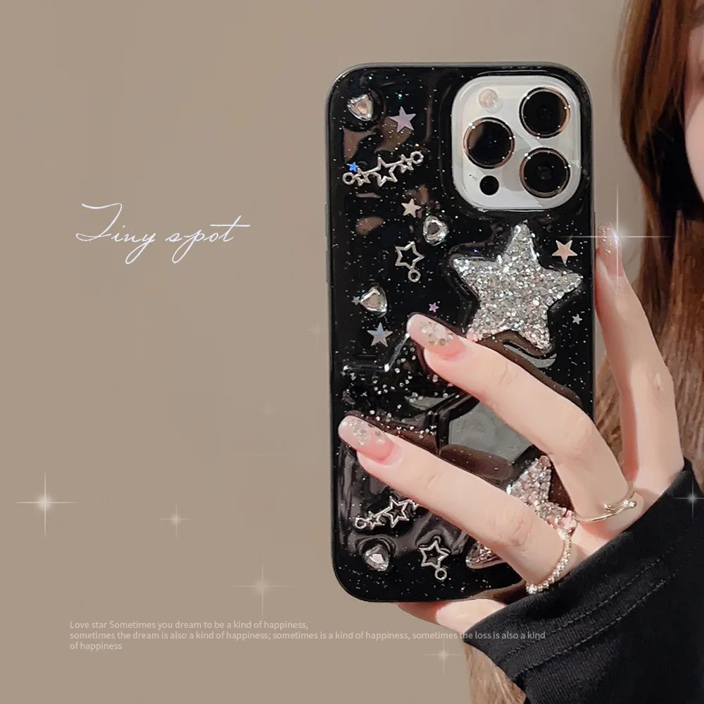 Black 3D Sparkling Pink Star Phone Case For Iphone 15 14 13 12 11 Pro Max X XR XSMAX 7 8 Plus SE TPU Case Cover New Products