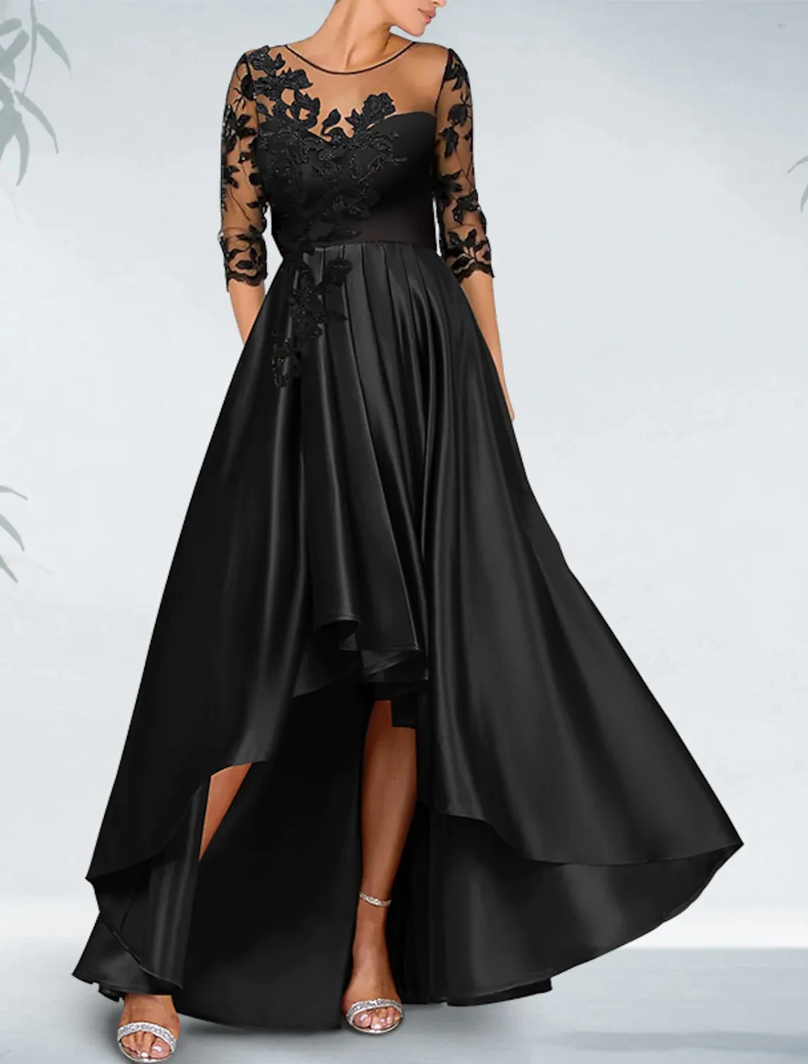 

2023 Black High Low Women Prom Dress 2023 O-neck Half Sleeves Lace Appliques Satin Evening Formal Gowns Vestidos De Fieast